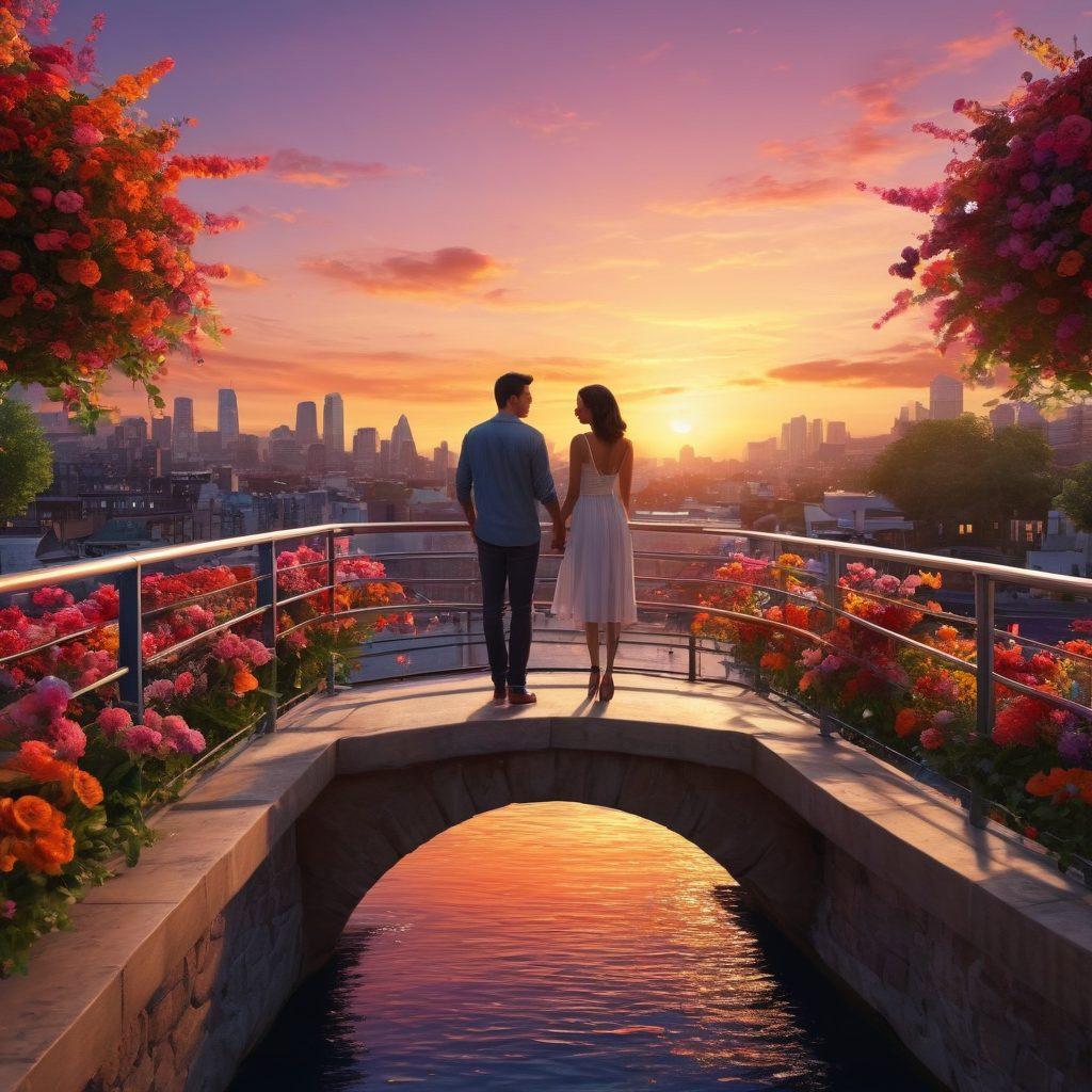 A vibrant cityscape at sunset, featuring diverse couples sharing intimate moments on a beautifully designed bridge, adorned with colorful flowers and twinkling lights. The scene captures the essence of connection and love in urban settings, with people of different cultures engaging warmly. Ideal for evoking emotions of passion and unity. super-realistic. vibrant colors. 3D.